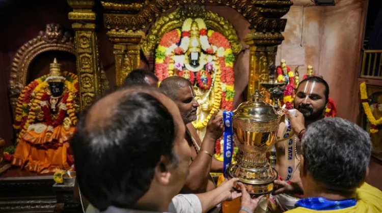 The IPL 2023 trophy arrives in Chennai, where CSK prays fervently at the city temple.